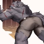 anthro bottomwear butt chain clothed clothing fangs fur grey_body grey_fur leaning looking_at_viewer male muscular muscular_male partially_clothed presenting presenting_hindquarters rear_view scar shorts simple_background solo tail tail_aside teeth white_background placid69 elden_ring fromsoftware blaidd_(elden_ring) canid canine canis mammal wolf 2022 hi_res