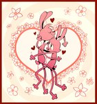 ambiguous/ambiguous ambiguous_gender anthro black_nose buckteeth ears_up eyes_closed flower fur heart_symbol holidays hug long_legs looking_at_another narrow_hips pink_body pink_fur plant slim smile tail teeth thigh_gap thin_calves thin_legs thin_thighs ibrah_(artist) valentine's_day lagomorph leporid mammal rabbit hi_res