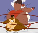 anthro belly big_butt brown_body brown_fur brown_hair bubble_butt butt cape clothing duo face_in_ass fighting_ring fur gloves hair handwear huge_butt male male/male overweight overweight_anthro overweight_male thick_thighs wrestling_singlet reagan700 cinna_(megacoolbear) dai_(a-side) bear canid canine mammal raccoon_dog tanuki hi_res