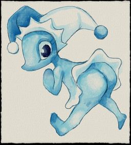 ambiguous_gender anthro bent_over bottomwear butt clothed clothing clothing_lift eyelashes fool's_hat hat headgear headwear looking_at_viewer looking_back looking_back_at_viewer pseudo_clothing pseudo_skirt simple_background skirt skirt_lift solo water buttercup_saiyan deltarune undertale_(series) darkner elemental_creature mizzle_(deltarune) water_creature 2025 hi_res