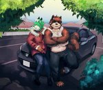 anthro car duo leaning_on_object male male/male parking_lot plant romantic romantic_couple smile smiling_at_viewer tree vehicle bernbirk honda_civic jibberjasper ludd canid canine fox hybrid mammal procyonid raccoon absurd_res hi_res