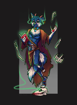 aura black_eyes blue_body blue_fur blue_snout bone cheek_tuft cloak clothing collar dark_magic ear_piercing ear_ring facial_tuft fangs fluffy fluffy_chest fluffy_tail fur gem green_eyes horn inner_ear_fluff looking_at_viewer magic_user male necromancer occult_symbol pentagram piercing pose red_horn red_palm ring_piercing simple_background simple_clothing skull skull_head smile smiling_at_viewer solo symbol tail teeth tiptoes tuft white_body white_fur zbalo baldur's_gate baldur's_gate_3 dungeons_and_dragons hasbro larian_studios wizards_of_the_coast jaycemutt canid canine canis demon hybrid hyena mammal wolf absurd_res detailed digital_media_(artwork) hi_res