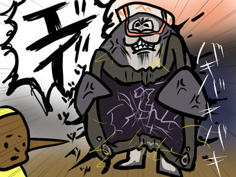 angry anthro broken_screen clenched_teeth cross-popping_vein crush duo electronics humor monitor screen teeth text huuraibou108 nintendo splatoon big_man_(splatoon) aquatic fish ray_(fish) stingray 4:3 japanese_text