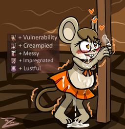 after_sex anthro bodily_fluids breasts breath clothed clothing cum cum_covered cum_in_mouth cum_inside cum_on_body cum_on_face cum_pool female genital_fluids heart_eyes heart_symbol holding_object leaking_cum leaning leaning_forward looking_pleasured messy shaking solo trembling zurzure fazbear_fanverse popgoes popgoes_arcade manora_the_mouse mammal mouse murid murine rodent