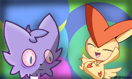 bloodshot_eyes blush blush_lines bodily_fluids butt_wings clothing crying duo fangs fur gesture hand_gesture laughing_at_another male multicolored_body open_mouth open_smile orange_body pointing pointing_at_another purple_body purple_fur smile sweater tears teeth topwear turtleneck two_tone_body unusual_wing_placement white_clothing white_sweater white_topwear white_turtleneck wings yellow_body yellow_wings piritolyan nintendo pokemon volet_(piritolyan) generation_5_pokemon legendary_pokemon pokemon_(species) victini hi_res