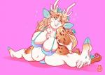 accessory anthro antlers belly big_breasts bikini biped blonde_hair blue_bottomwear blue_clothing blue_hooves blue_nose blue_topwear blush bottomwear braided_hair breasts brown_body brown_eyes brown_fur brown_spots chest_tuft cleavage clothed clothing cloven_hooves countershade_face countershade_torso countershading dewclaw_hooves digitigrade eyelashes female flexible floral flower flower_accessory flower_crown flower_garland flower_hair_accessory flower_in_hair foreshortening front_view fur garland hair hair_accessory hanging_breasts head_tilt head_wreath hooved_digitigrade hooved_toes hooves horn leg_tuft long_hair looking_away markings mottled mottled_body mottled_fur multicolored_body multicolored_fur nipple_outline overweight overweight_anthro overweight_female piebald piebald_body piebald_fur pink_background plant shadow shrub side_braid simple_background sitting skimpy smile solo sparkles splits spots spotted_body spotted_fur spread_legs spreading swimwear thick_thighs topwear tuft two-piece_swimsuit two_tone_body two_tone_fur white_body white_countershading white_fur white_horn white_spots ryarik petravey_(fursona) deer hybrid jackalope lagomorph mammal 2017 digital_drawing_(artwork) digital_media_(artwork) full-length_portrait portrait watermark