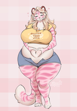 4_toes anthro big_breasts blonde_hair bottomwear breasts clothed clothing curvy_figure eyes_closed feet female fur hair huge_breasts long_hair midriff navel overweight overweight_anthro overweight_female pink_body pink_fur shorts solo standing text thick_thighs toes topwear voluptuous white_body white_fur wide_hips tiggybloom marzipan_(tiggybloom) felid mammal pantherine tiger 2026 artist_name hi_res watermark