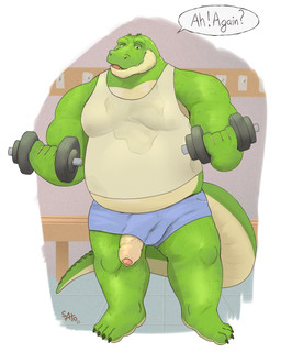 anthro barbell belly big_penis bodily_fluids bottomwear clothed clothing countershading dialogue exercise flaccid foreskin front_view genitals green_body humanoid_genitalia humanoid_hands humanoid_penis male muscular open_mouth overweight overweight_anthro overweight_male pants partially_retracted_foreskin penis penis_poking_out shirt shorts simple_background solo standing sweat sweat_stain teeth text topwear workout sato_leone alligator alligatorid crocodilian reptile scalie 2022 4:5 digital_media_(artwork) english_text hi_res