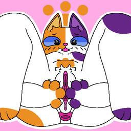 :3 anthro anus asymmetrical_coloring blue_eyes cervix female fur fur_markings gaping gaping_vagina genitals markings mottled open_mouth orange_body orange_fur piebald pink_anus purple_body purple_fur smile solo spread_vulva spreading twitching vulva white_body white_fur theenyface capcom monster_hunter cally_(theenyface) calico_cat domestic_cat felid feline felis felyne lynian mammal palico 1:1 2d_animation aliasing animated animated_gif digital_media_(artwork) flat_colors motion_tweening short_playtime