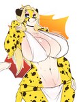 anthro blonde_hair bottomwear breasts chest_tuft cleavage clothed clothing female fur hair loincloth markings mature_female solo spots spotted_body spotted_fur tuft wide_hips sagestrike2 olivia_oropelt cheetah felid feline mammal 3:4 hi_res