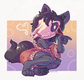 4_toes 5_fingers abstract_background aged_down anthro asian_clothing barefoot black_body black_ears black_fur black_hair black_inner_ear_fluff black_pawpads black_sclera black_tail bone clothed clothed_anthro clothed_female clothing collarbone east_asian_clothing feet female fingers flat_chested fluffy fluffy_tail fur hair heart_symbol inner_ear_fluff japanese_clothing kimono long_hair looking_at_viewer multicolored_clothing multicolored_kimono pawpads pink_clothing pink_kimono red_clothing red_kimono sitting skull skull_head snout tail teeth text toes tuft white_clothing white_eyes white_kimono young young_anthro young_female onihidden scp_foundation scp-1471-a canid canine malo mammal 2026 absurd_res artist_name hi_res