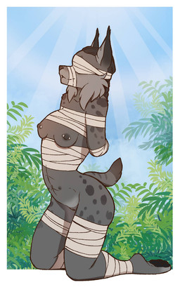 abs anthro barbell_piercing blindfold breasts clothed clothing dark_body dark_skin ear_tuft female fur genitals grey_body grey_fur hands_behind_back kneeling multi_nipple mummy_wrappings muzzle_(object) muzzled nipple_piercing nipples nude outside pawpads piercing ruff short_tail skimpy small_breasts spots tail tuft vulva morgdl aisha_greylynx canada_lynx felid feline lynx mammal hi_res