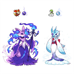 2_horns 4_fingers anthro asian_clothing blue_clothing blue_eyes blue_fire blue_hair blue_horn blue_kimono blue_nose breasts chandelurite cheek_tuft chest_spike closed_smile clothed clothed_anthro clothed_female clothed_humanoid clothing colored_fire duo east_asian_clothing eyelashes facial_tuft featureless_breasts female female_anthro female_humanoid fingers fire flaming_hair flaming_mane froslassite fur hair half-closed_eyes holding_object holding_staff horn ice japanese_clothing kimono mega_stone mouth_closed multicolored_body multicolored_clothing multicolored_fur multicolored_kimono narrowed_eyes pseudo_clothing pseudo_hair pseudo_mane pupils purple_body purple_clothing purple_ears purple_fur purple_kimono red_clothing red_kimono short_hair simple_background smile snout snow snowflake spikes spikes_(anatomy) staff standing tuft white_background white_body white_clothing white_fur white_kimono white_pupils yellow_eyes mamobot nintendo pokemon canid canine delphox gardevoir generation_3_pokemon generation_6_pokemon generation_9_pokemon humanoid hybrid hybrid_pokemon mammal mega_chandelure mega_evolution mega_froslass pokemon_(species) 1:1 hi_res signature