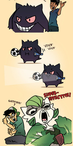 angry ball clothing flashlight hat headgear headwear humor male not_furry red_sclera smile soccer_ball text randowis nintendo pokemon gardevoir generation_1_pokemon generation_3_pokemon gengar ghost human mammal pokemon_(species) spirit comic english_text hi_res