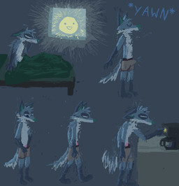 animal_genitalia animal_penis anthro barefoot bed bedding beverage black_waistband blanket blue_body blue_fur boxer_briefs boxer_briefs_only brown_boxer_briefs brown_clothing brown_underwear bulge canine_genitalia canine_penis casual_erection casual_exposure clothed clothing coffee coffee_machine container cup ears_down ears_up erection erection_under_clothing eyes_closed feet fluffy fluffy_tail fur furniture fuzzy genitals gloves_(marking) green_nose grey_background leg_markings light male markings morning_wood open_mouth pantsless penis penis_poking_out pink_penis pivoted_ears pointy_ears prick_ears side_view simple_background smile socks_(marking) solo standing sun sunlight tail tired tired_eyes topless under_covers underbelly underwear underwear_only waking_up walking yawn demensa emil_(demensa) canid canine canis coydog hybrid mammal 2023 hi_res sequence