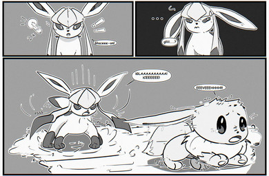 chasing duo female feral fur male male/female paws snow speech_bubble text lea_stellaria nintendo pokemon eevee eeveelution generation_1_pokemon generation_4_pokemon glaceon mammal pokemon_(species)
