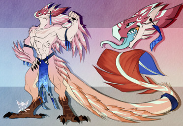 anthro avian_feet blue_tattoo blue_tongue bottomwear clothing feathers loincloth long_tail long_tongue male muscular pink_body pink_feathers solo tail tassels tattoo tongue creativefiddler manaia avian bird absurd_res hi_res