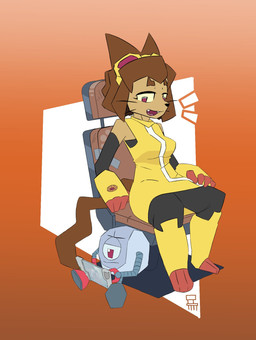 ambiguous_gender anthro boots bottomwear brown_hair chair clothing duo emanata eyebrows eyewear eyewear_on_head fangs female footwear furniture gloves goggles goggles_on_head grey_body hair handwear looking_at_another looking_down machine narrowed_eyes on_chair open_mouth pants purple_eyes shoes short_hair simple_background sitting sleeveless_clothing sleeveless_shirt slim small_eyebrows snout teeth thick_eyebrows whiskers mr.chair gameoverse glitch_productions kaboodle_(gameoverse) kit_bodega felid feline mammal robot digital_drawing_(artwork) digital_media_(artwork) hi_res