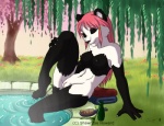 anthro breasts copyright_symbol detailed_background eyes_closed female fur genitals hair multicolored_body multicolored_fur nipples nude pink_hair pussy scenery short_tail sitting solo swimming_pool symbol tail water peridotkitty extinctioners pandora_lee bear giant_panda mammal