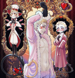 6_wings ambiguous_gender bathrobe blonde_hair clothed clothing feral fur-trimmed_sleeves hair hat headgear headwear humanoid_pointy_ears male multi_wing not_furry pink_clothing pink_robe pointy_ears robe smile solo spade_tail tail teeth topwear wings blackberreh hazbin_hotel hellaverse alastor_(hazbin_hotel) lucifer_(hazbin_hotel) anatid angel angel_humanoid anseriform avian bird deer demon demon_humanoid duck fallen_angel humanoid hybrid mammal reptile scalie snake absurd_res digital_media_(artwork) hi_res