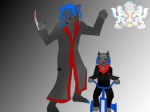 anthro blue_eyes blue_hair clothing coat duo hair knife male mask topwear tricycle vehicle what lobodelamuerte billy_the_puppet john_kramer_(saw) canid canine canis mammal wolf 4:3