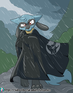 ambiguous_gender anthro biped black_cloak black_clothing black_markings black_nose blue_body cloak clothed clothing day digitigrade facial_markings head_markings head_tuft looking_at_viewer markings mask_(marking) outside raining solo tuft walking yellow_body fuf nintendo pokemon generation_4_pokemon pokemon_(species) riolu 2023 hi_res