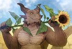 anthro brown_body brown_horn brown_scales cheek_spikes facial_spikes flower front_view horn looking_at_viewer male mouth_closed muscular muscular_anthro muscular_male pecs plant scales solo spikes spikes_(anatomy) sunflower tail tan_body tan_scales yellow_eyes khyaber mythology dragon mythological_creature mythological_scalie scalie half-length_portrait hi_res portrait