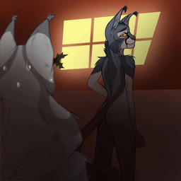 anthro assertive_female bodily_fluids duo female fluffy fluffy_chest imminent_sex male male/female seductive smile sweat yellow_eyes anonymous_artist kelly_(nastya_klimova) peony_(nastya_klimova) domestic_cat felid feline felis mammal absurd_res hi_res