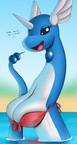 big_breasts bikini blue_body breasts busty_feral cleavage clothed clothing female feral horn huge_breasts looking_at_viewer open_mouth sagging_breasts simple_background smile solo stretch_marks swimming swimwear tail text tongue topwear two-piece_swimsuit water wings conditional_dnp creatiffy nintendo pokemon dragonair generation_1_pokemon pokemon_(species) scalie digital_media_(artwork) english_text hi_res