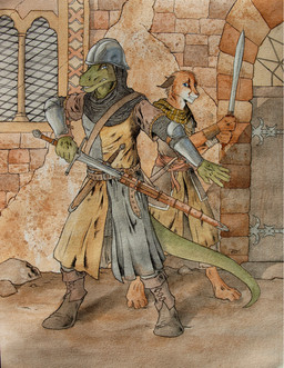 4_toes 5_fingers anthro armor barefoot belt blue_eyes boots bracelet building clenched_teeth clothing couter dagger detailed_background digitigrade dirt door duo ears_down feet fingers footwear green_body green_scales headgear helmet holding_melee_weapon holding_object holding_sword holding_weapon jewelry male melee_weapon outside pivoted_ears scales scared scarf shaking shoes standing sword teeth toes vambrace weapon window wraps wrist_wraps 0laffson areksim_(0laffson) mack_reinhardt caracal caracal_(genus) felid feline lizard mammal reptile scalie 2015 hi_res signature traditional_media_(artwork)