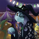 amusement_park buckteeth circus clothing costume female group hat headgear headwear night one_eye_closed smile teeth tent tongue tongue_out wink witch_costume drxii ask_ipsywitch hasbro my_little_pony fan_character ipsywitch milky_way_(flash_equestria) earth_pony equid equine horse mammal pony 1:1