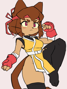4_toes accessory anthro blush bodily_fluids breasts clothed clothing curvy_figure feet female frown headband hourglass_figure legwear magenta_eyes martial_arts_uniform skimpy solo sportswear stockings sweat thick_thighs toes waistband lilkon gameoverse glitch_productions kit_bodega domestic_cat felid feline felis mammal absurd_res hi_res