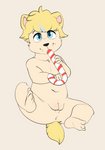 anthro anus blonde_hair butt candy candy_cane clitoris dessert female flat_chested food genitals hair nude pussy sitting solo spread_legs spreading toddler young young_anthro young_female battler alice_(rushthewolf) canid canine canis domestic_dog hybrid mammal wolf hi_res