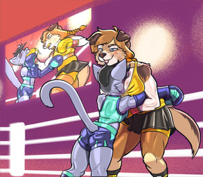 anthro armwear black_hair blep blue_eyes boots bottomwear boxing boxing_gloves braided_hair breast_smother breasts brown_body brown_fur brown_hair bruised butt clothed clothing crop_top detached_sleeves duo face_in_breasts female fighting_ring floppy_ears footwear fur furgonomics grey_body grey_fur hair handwear head_between_breasts mouthguard punch screen shirt shoes shorts skirt smothering sport tail tail_through_skirt tongue tongue_out topwear uppercut dcheese kimmie_conover canid canine canis collie domestic_cat domestic_dog felid feline felis herding_dog mammal pastoral_dog rough_collie sheepdog 2022 absurd_res digital_media_(artwork) hi_res