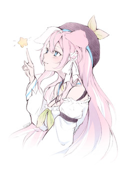 5_fingers bangs bare_shoulders blue_eyes breasts cleavage clothed clothing female fingers floppy_ears gesture hair hand_gesture hat headgear headwear long_hair looking_up multicolored_hair pink_hair pointing simple_background smile solo star two_tone_hair white_background white_body white_hair white_skin yoclesh yuyu_(yuniiho) animal_humanoid canid canid_humanoid canine canine_humanoid dog_humanoid humanoid mammal mammal_humanoid absurd_res hi_res signature
