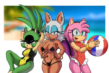 anthro ball beach beach_ball big_breasts bikini blue_eyeshadow bracelet breasts clothing ear_piercing ear_ring eyelashes eyeshadow female fur gem green_body green_fur group hair hands_behind_head inflatable jewelry makeup medium_breasts micro_bikini necklace one-piece_swimsuit pearl_(gem) pearl_necklace piercing pink_body pink_fur ponytail ring_piercing swimwear tan_body trio two-piece_swimsuit white_body white_fur gaeruarts idw_publishing sega sonic_the_hedgehog_(comics) sonic_the_hedgehog_(idw) sonic_the_hedgehog_(series) amy_rose rouge_the_bat surge_the_tenrec afrosoricid bat eulipotyphlan hedgehog honduran_white_bat leaf-nosed_bat mammal microbat tenrec yangochiropteran hi_res