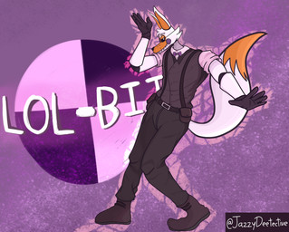 5_fingers anthro belt belt_pouch boots bottomwear bow_tie cheek_markings cheek_tuft clothing collared_shirt dancing eyebrows facial_markings facial_tuft fingers footwear fox_tail fur gloves handwear head_markings head_tuft long_ears long_tail looking_at_viewer machine male markings metallic_body pants pose purple_background shirt shoes short_sleeves simple_background sleeves solo sparkles suspenders tail text topwear tuft vest white_body white_fur jazzydeetective five_nights_at_freddy's five_nights_at_freddy's_world scottgames lolbit_(fnaf) animatronic arctic_fox canid canine fox mammal robot robot_anthro true_fox absurd_res artist_name english_text hi_res shaded signature watermark