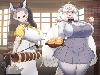 2_horns :d apron beverage big_breasts black_hair bow_tie breasts brown_eyes clothed clothing curvy_figure dress duo female food gloves gradient_hair grey_hair hair hair_over_eye handwear holding_object holding_tray horn huge_breasts inner_ear_fluff japari_bun legwear long_hair multicolored_hair ponytail pouring_liquid sidelocks smile tail tail_tuft tights tuft twintails_(hairstyle) voluptuous voluptuous_female voluptuous_humanoid white_hair wide_hips mo23 kemono_friends donkey_(kemono_friends) yak_(kemono_friends) animal_humanoid asinus asinus_humanoid bovid bovid_humanoid bovine bovine_humanoid donkey_humanoid equid equid_humanoid equine equine_humanoid humanoid mammal mammal_humanoid yak_humanoid hi_res