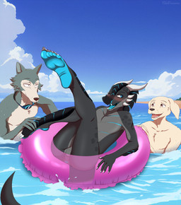 anthro anus balls beach blush claws day feet genitals group inflatable inner_tube male male/male nude nude_beach paws pool_float public public_nudity sea seaside soles tail toe_claws toes trio water tommysamash beastars mythology jack_(beastars) legoshi_(beastars) xero_(captainscales) bird_dog canid canine canis domestic_dog dragon hunting_dog labrador mammal mythological_creature mythological_scalie retriever scalie wolf absurd_res hi_res