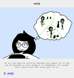 black_clothing black_hair black_legwear black_stockings buckteeth clothed clothing dress eyewear female flats_(shoes) footwear glasses green_clothing green_footwear green_shoes hair human_only legwear not_furry pixelated shoes simple_background solo stockings surprised teeth text thought_bubble underwear white_body uglycoal homestuck ms_paint_adventures bec_noir jade_harley human mammal 2_frame_animation animated animated_comic comic digital_drawing_(artwork) digital_media_(artwork) english_text hi_res shaded simple_shading