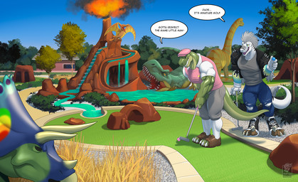 anthro claws clothing dialogue duo footwear furgonomic_footwear furgonomics golf male muscular sickle_claw sport standing text toe_claws vallhound devin_(derpybro) dinosaur dromaeosaurid prehistoric_species reptile saurischian scalie theropod english_text hi_res