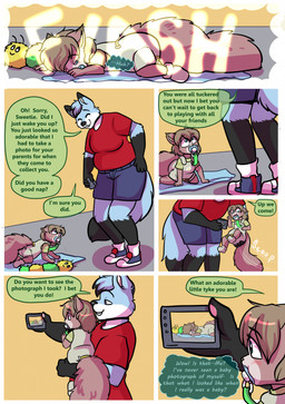 anthro camera camera_flash diaper duo female object_in_mouth pacifier pacifier_clip pacifier_in_mouth text young young_anthro babystar gemma_polson canid canine fox mammal rodent sciurid tree_squirrel comic english_text hi_res