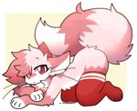 ambiguous_gender anthro arm_tuft ass_up big_tail black_nose clothed clothing countershading elbow_tuft fluffy fur hair handpaw leaning legwear legwear_only looking_at_viewer mostly_nude neck_tuft partially_clothed paws pink_body pink_ears pink_fur pink_tail red_clothing red_eyes red_legwear red_thigh_highs side_view simple_background solo tail thick_tail thigh_highs translucent translucent_hair tuft whiskers white_background white_body white_countershading white_fur white_inner_ear yellow_background pinkpoffinz puffi_(pinkpoffinz) canid canine domestic_cat felid feline felis fox hybrid mammal 2023 artist_name digital_media_(artwork) hi_res nonbinary_(lore)