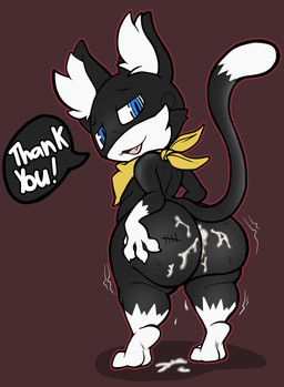 anthro balls big_butt black_body black_fur bodily_fluids bottom_heavy butt clothed clothing cum cum_in_ass cum_inside fur genital_fluids genitals humanoid_genitalia humanoid_penis kerchief looking_at_viewer male markings mask penis presenting scratch_mark scratches shaking shaking_butt shaking_legs shortstack shortstack_male simple_background smile solo tail tail_markings tally_marks text thick_thighs tiptoes white_body white_fur wide_hips jjeoe atlus megami_tensei persona_(series) persona_5 sega morgana_(persona) domestic_cat felid feline felis mammal tuxedo_cat absurd_res english_text hi_res