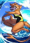 2024 anthro breasts brown_body brown_fur buizel clothing dialogue double_v_sign eyelashes female fur furgonomics generation_4_pokemon gesture glistening hand_gesture hi_res kawfee looking_at_viewer medium_breasts nintendo one-piece_swimsuit open_mouth outside pokemon pokemon_(species) pose sea solo swimwear tan_body tan_fur teeth v_sign water wave wet