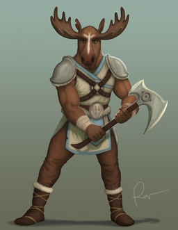 5_fingers anthro axe biceps blue_clothing bottomwear brown_body brown_bottomwear brown_clothing brown_ears brown_fur brown_pants clothed clothing fingers footwear front_view fully_clothed fur holding_axe holding_object male muscular muscular_male notched_ear pants shadow shoulder_guards solo weapon wraps wrist_wraps rov deer mammal moose new_world_deer 2021 full-length_portrait hi_res portrait signature