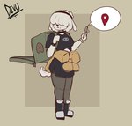 anthro biped black_nose bottomwear clothed clothing electronics female fingers footwear fur hair hair_over_eyes holding_object holding_phone markings mole_(marking) mouth_closed phone shoes simple_background skirt solo speech_bubble standing tail white_body white_fur white_tail divucup canid canine canis domestic_dog mammal hi_res