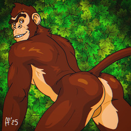 anthro backsack balls brown_body brown_eyes brown_fur butt eyebrows fur genitals looking_back male nude_anthro nude_male pose solo tail teeth unibrow fabfelipe haplorhine mammal monkey primate 1:1 2025 chromatic_aberration digital_drawing_(artwork) digital_media_(artwork) hi_res pinup