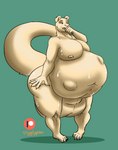 abdominal_bulge ambiguous_gender ambiguous_prey balls belly big_balls big_belly bodily_fluids burping fully_inside genitals huge_balls huge_belly hyper hyper_balls hyper_genitalia male membrane_(anatomy) patreon_logo same_size_vore simple_background solo sweat vore webbed_hands igglypou patreon george_(bottler) mammal mustelid otter absurd_res artist_name hi_res