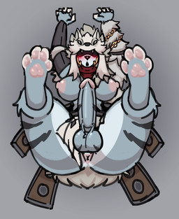 anthro anus armor balls big_balls big_penis chain clothed clothing embarrassed erection fluffy genitals gynomorph humanoid_genitalia humanoid_penis intersex lying on_back partially_clothed pawpads penis scarf solo thick_thighs wardrobe_malfunction commanderthings blizzard_entertainment warcraft frostfur_(pikakinu) canid mammal werecanid werecreature worgen absurd_res hi_res